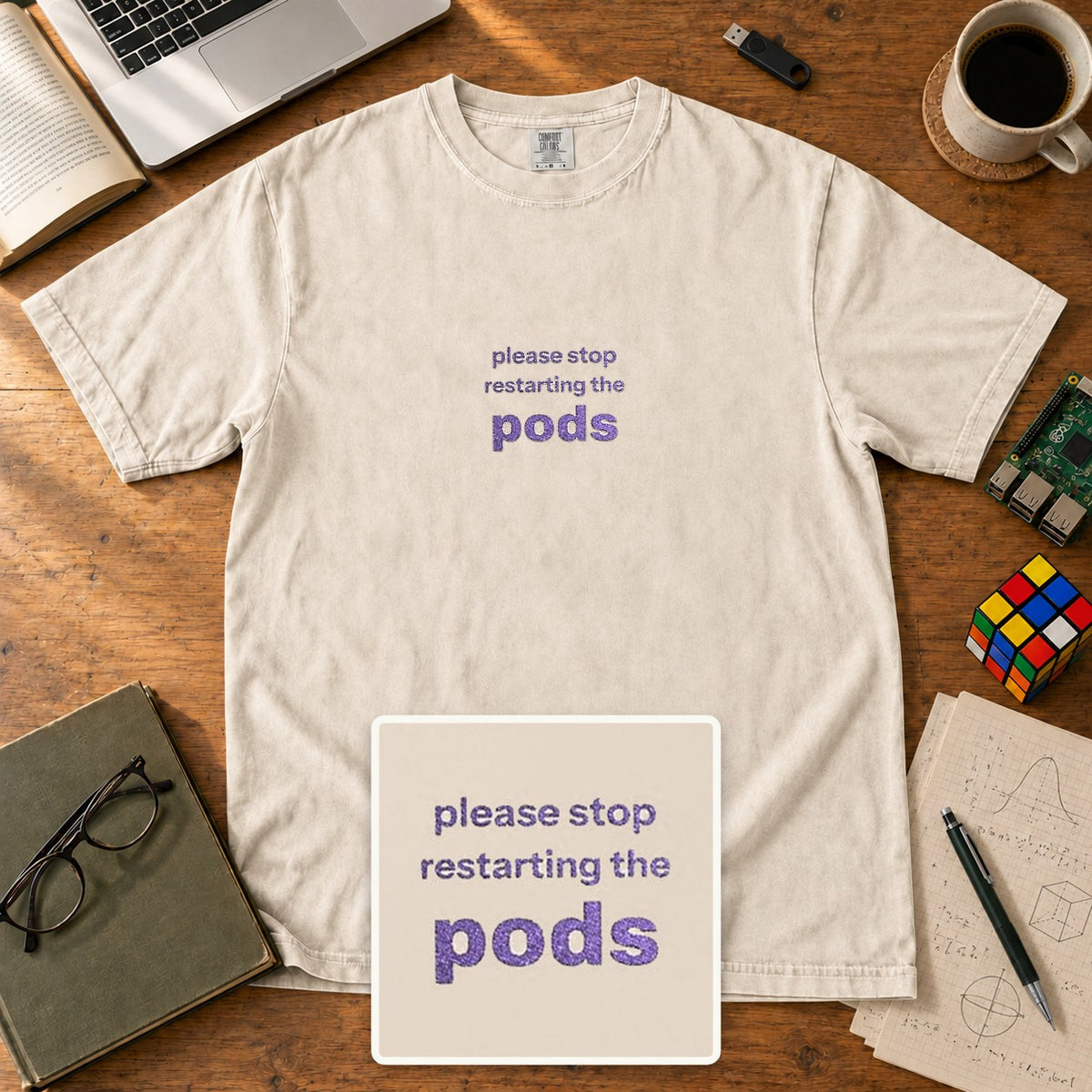 Please Stop Restarting The Pods Embroidered Shirt in Ivory