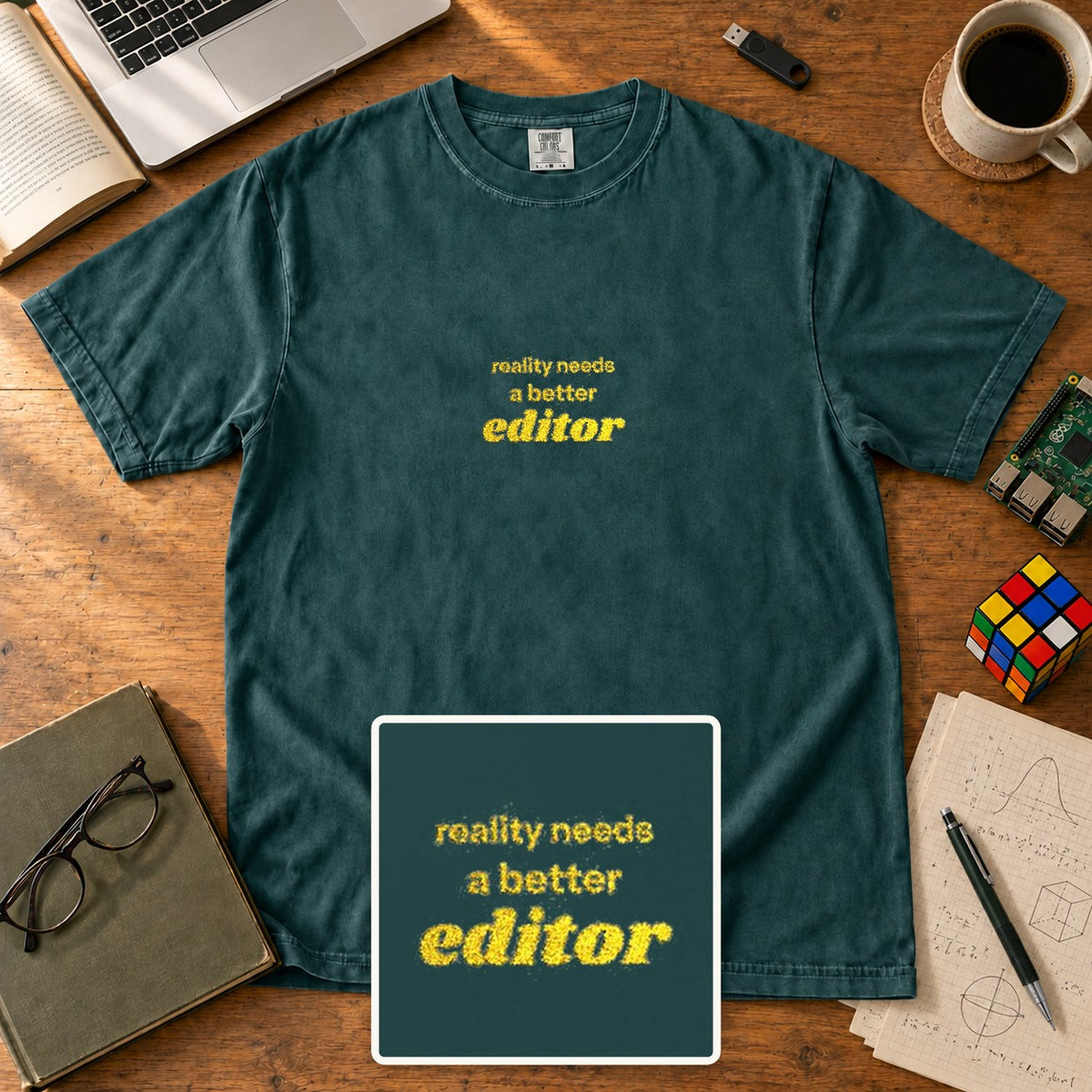 Reality Needs A Better Editor Embroidered Shirt in Blue Spruce
