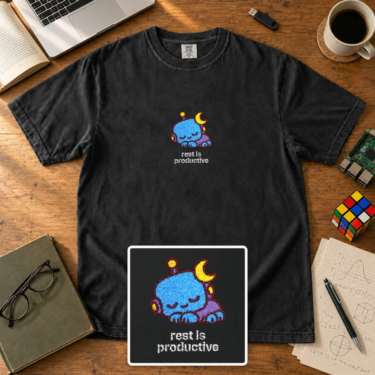 Rest Is Productive Embroidered Shirt in Black