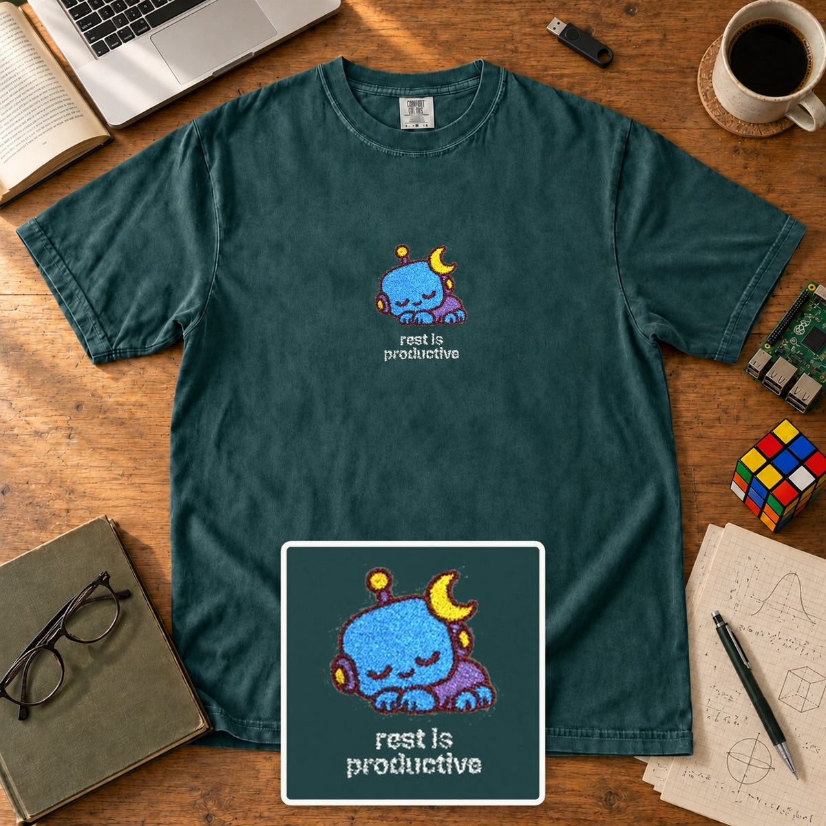 Rest Is Productive Embroidered Shirt in Blue Spruce