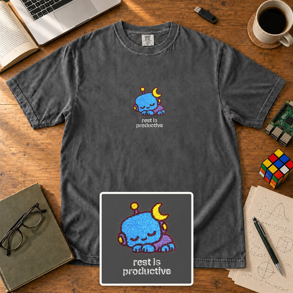 Rest Is Productive Embroidered Shirt in Pepper