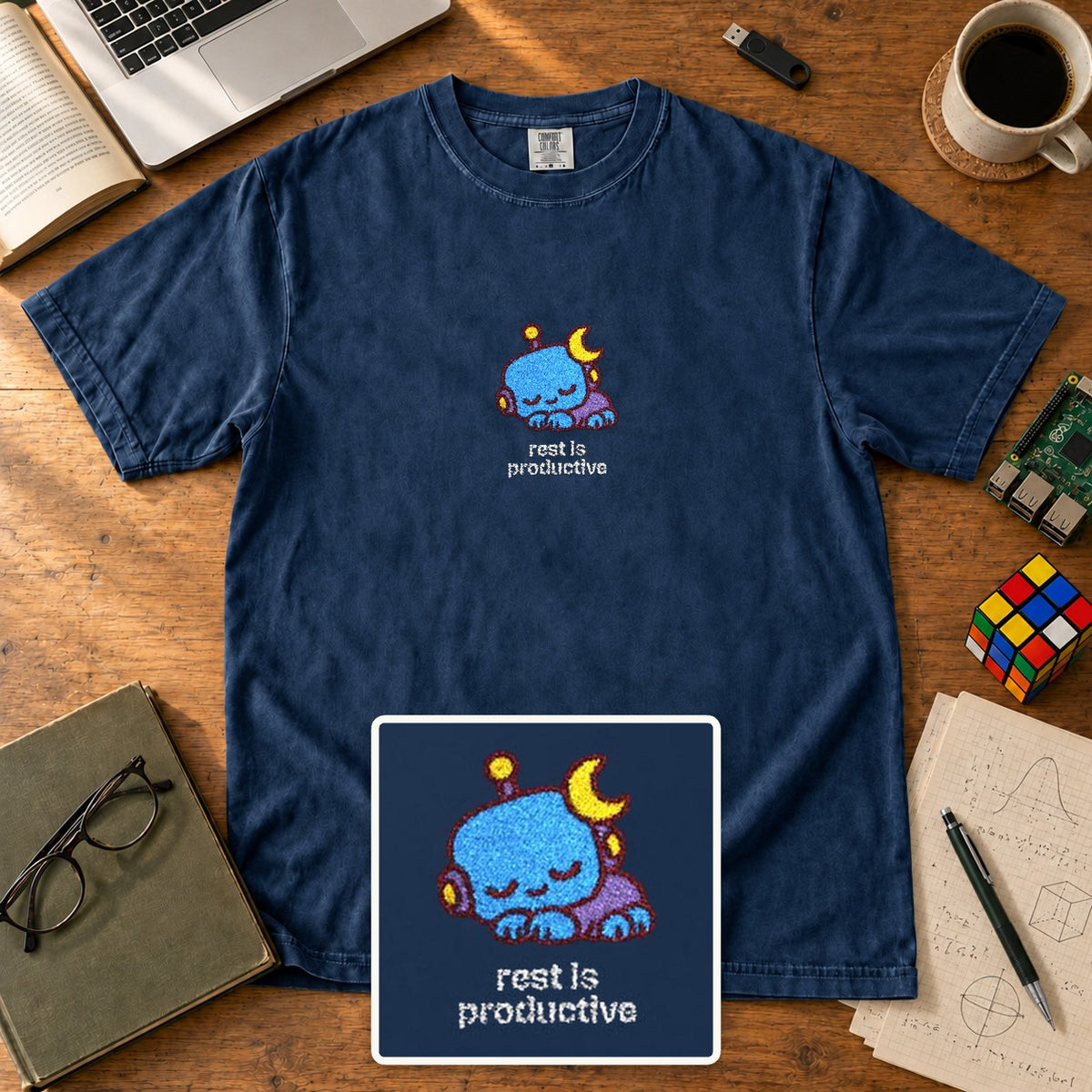 Rest Is Productive Embroidered Shirt in True Navy