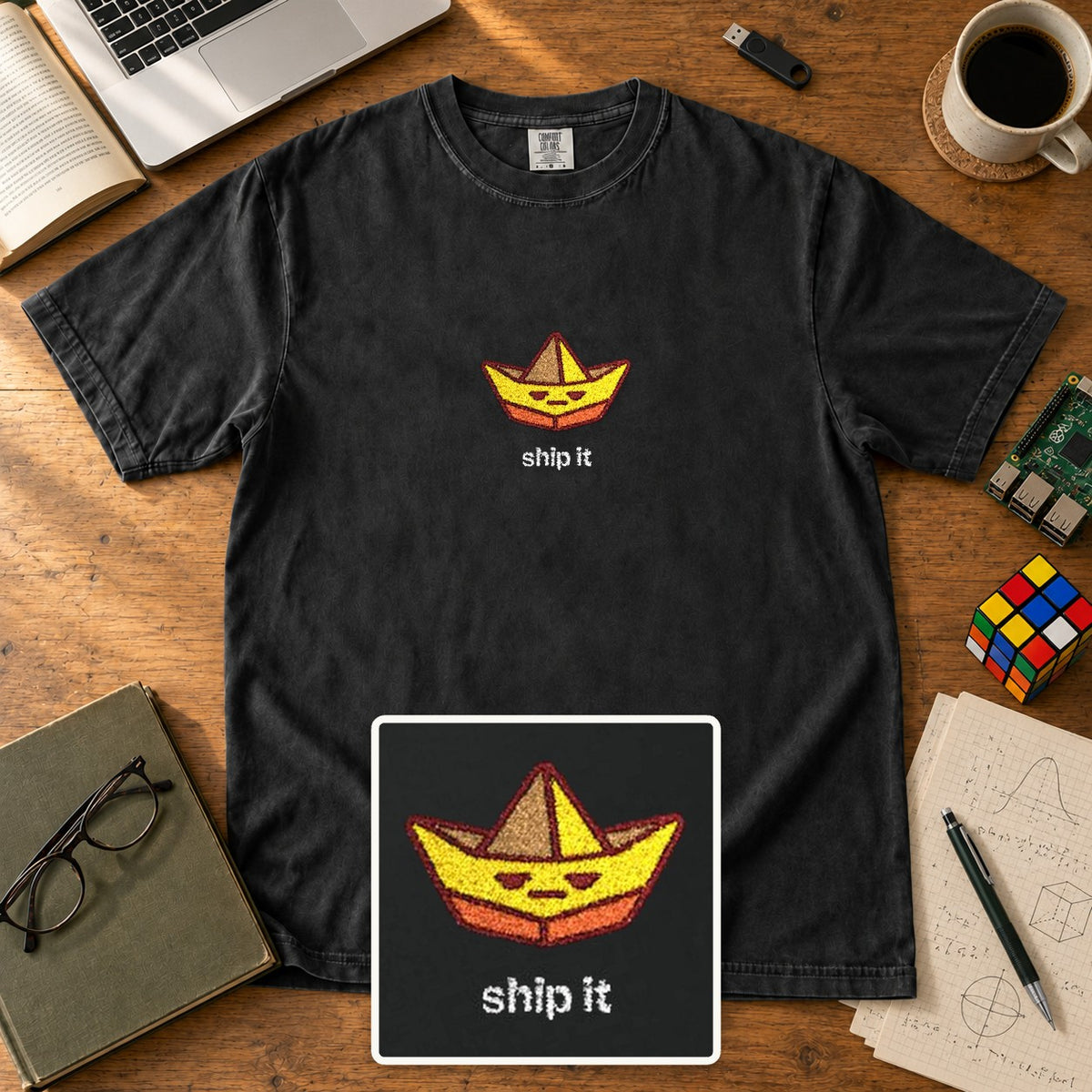 Ship It Embroidered Shirt in Black