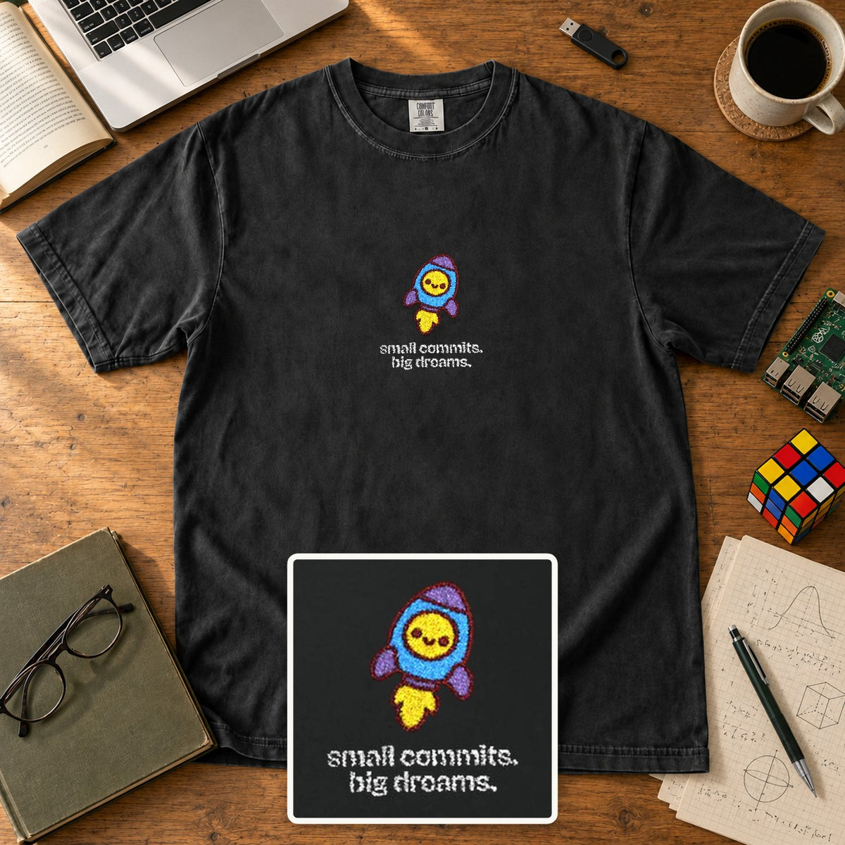 Small Commits. Big Dreams. Embroidered Shirt in Black
