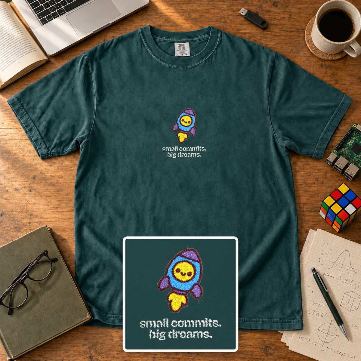 Small Commits. Big Dreams. Embroidered Shirt in Blue Spruce