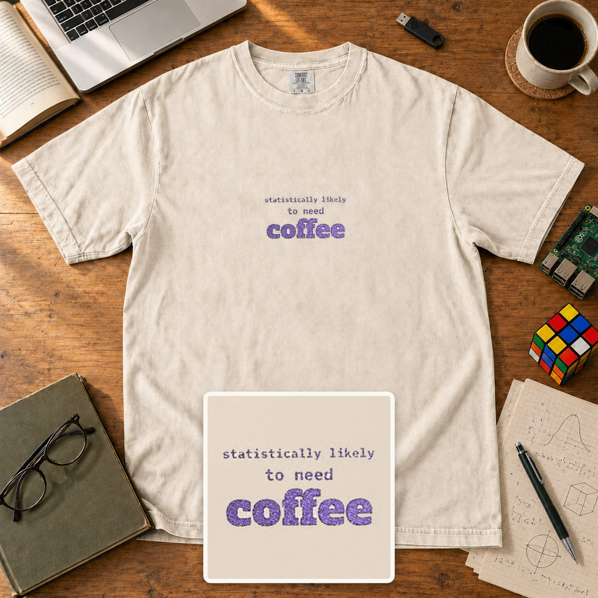 Statistically Likely To Need Coffee Embroidered Shirt in Ivory