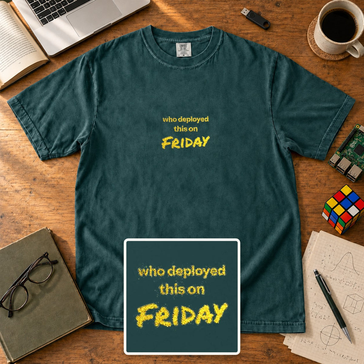 Who Deployed This On Friday Embroidered Shirt in Blue Spruce
