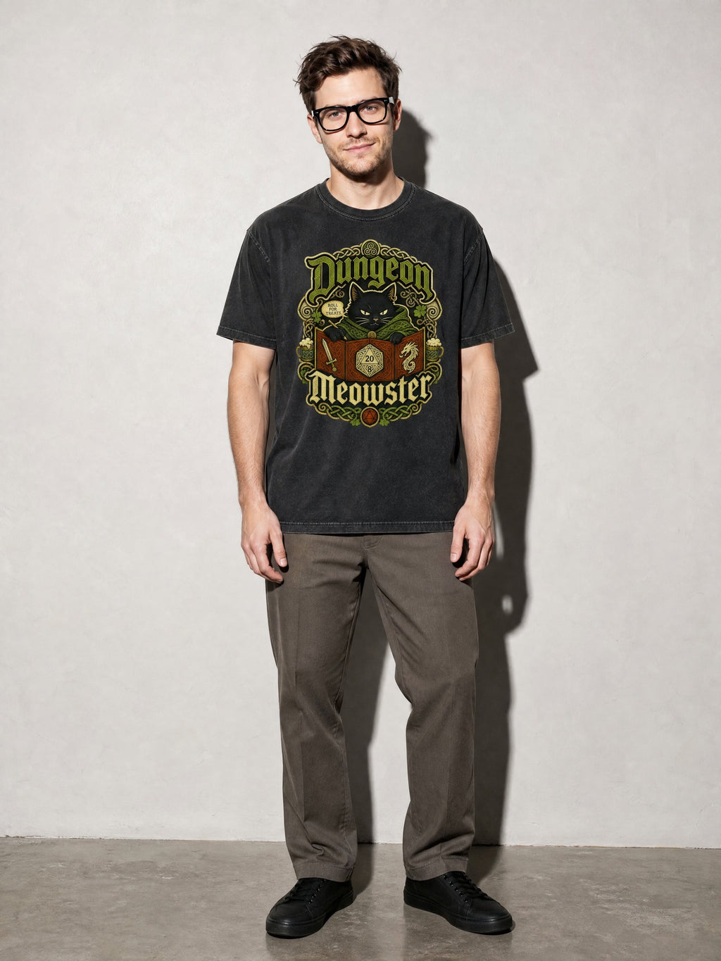 Dungeon Meowster Premium Shirt - Black - on-model full length
