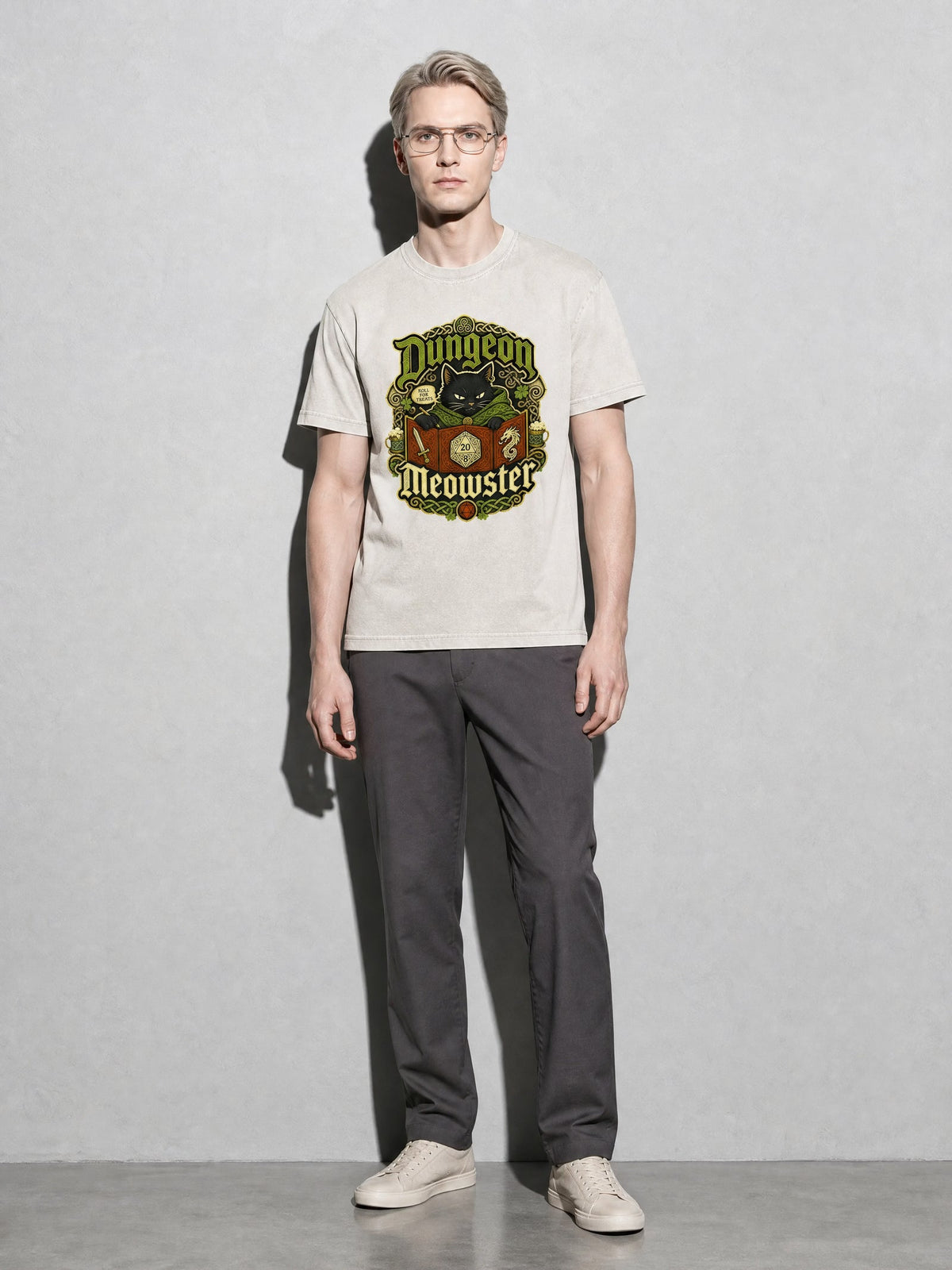 Dungeon Meowster Premium Shirt - Ivory - on-model full length