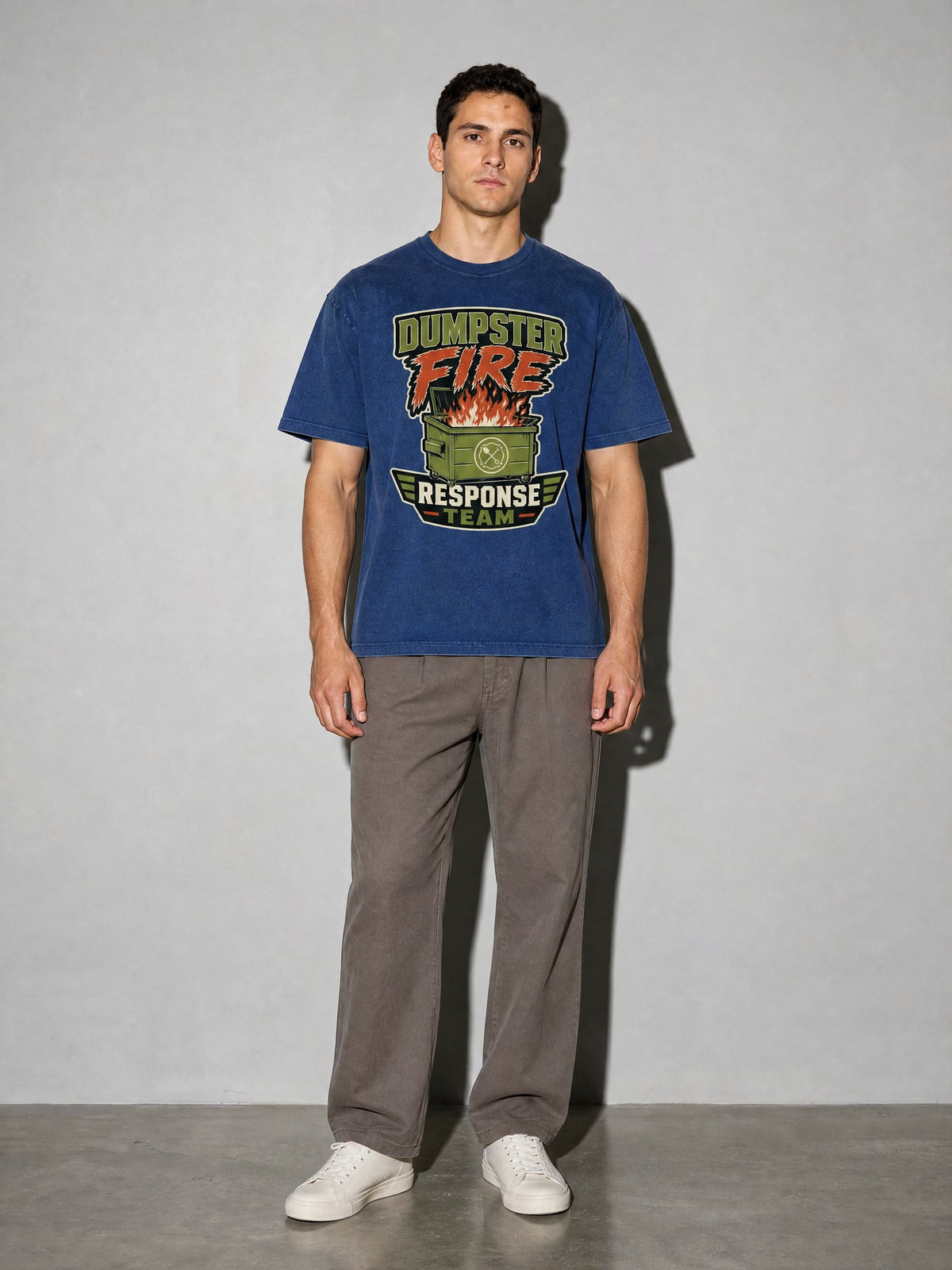 Dumpster Fire Response Team Premium Shirt - True Navy - on-model full length