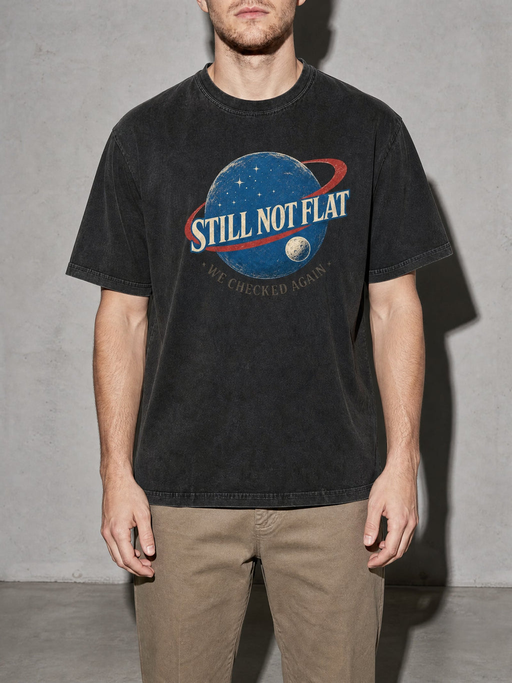 Still Not Flat: We Checked Again Premium Shirt - Black - on-model zoom