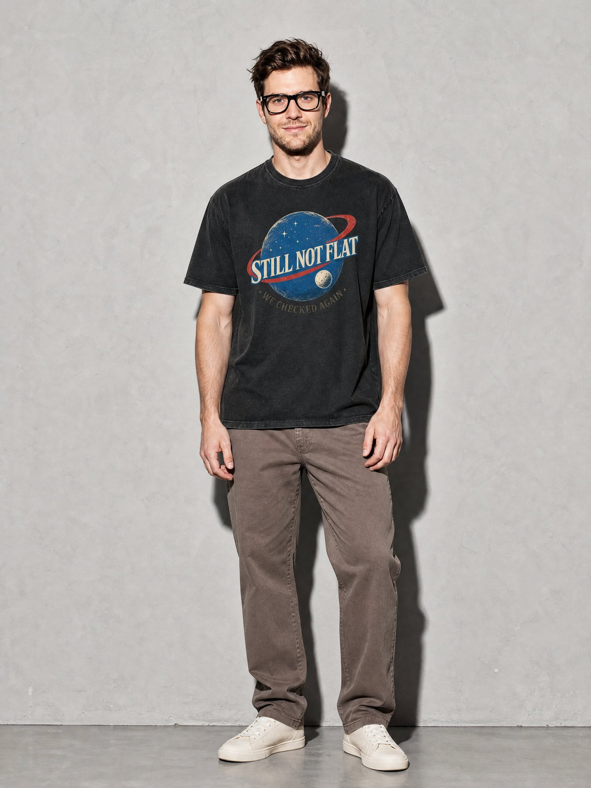 Still Not Flat: We Checked Again Premium Shirt - Black - on-model full length