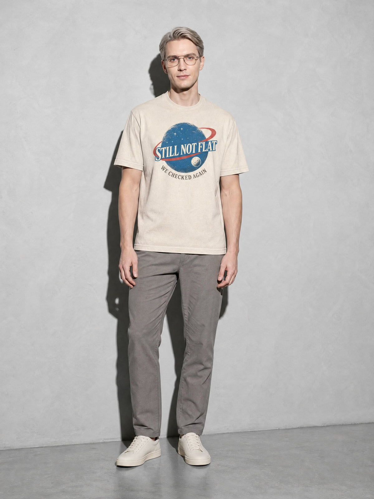 Still Not Flat: We Checked Again Premium Shirt - Ivory - on-model full length