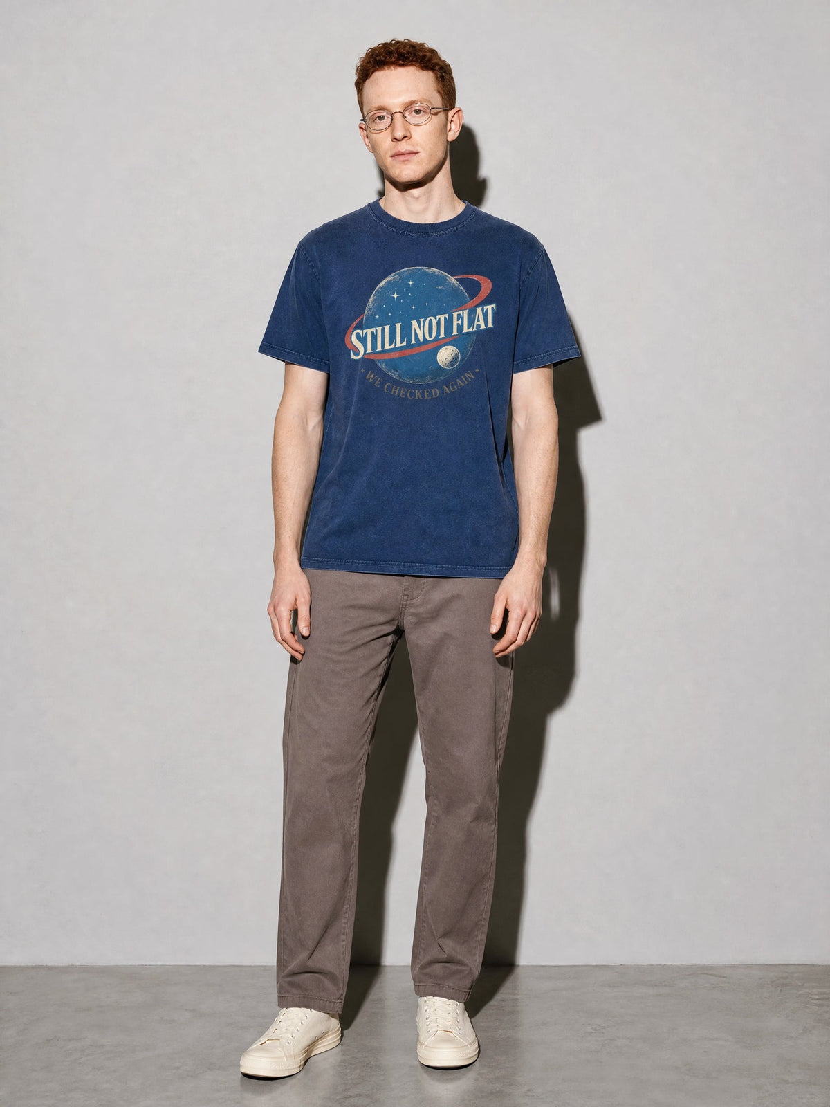 Still Not Flat: We Checked Again Premium Shirt - True Navy - on-model full length