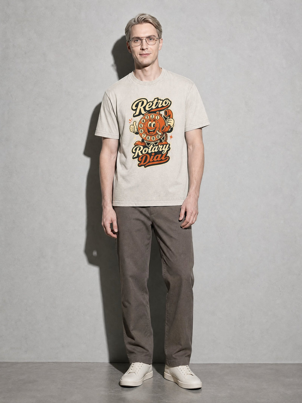 Retro Rotary Dial Premium Shirt - Ivory - on-model full length