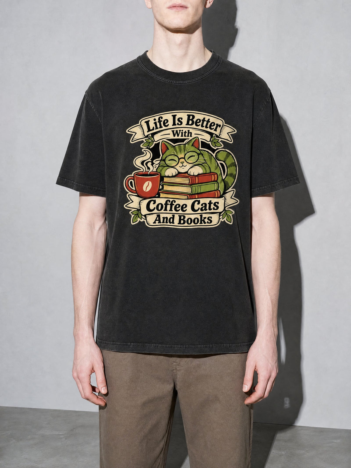 Coffee, Cats and Books Premium Shirt - Black - on-model zoom