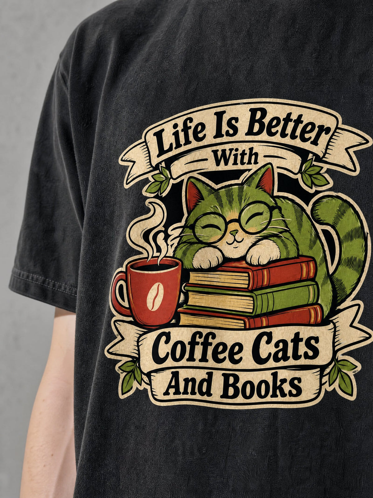 Coffee, Cats and Books Premium Shirt - Black - printed fabric detail