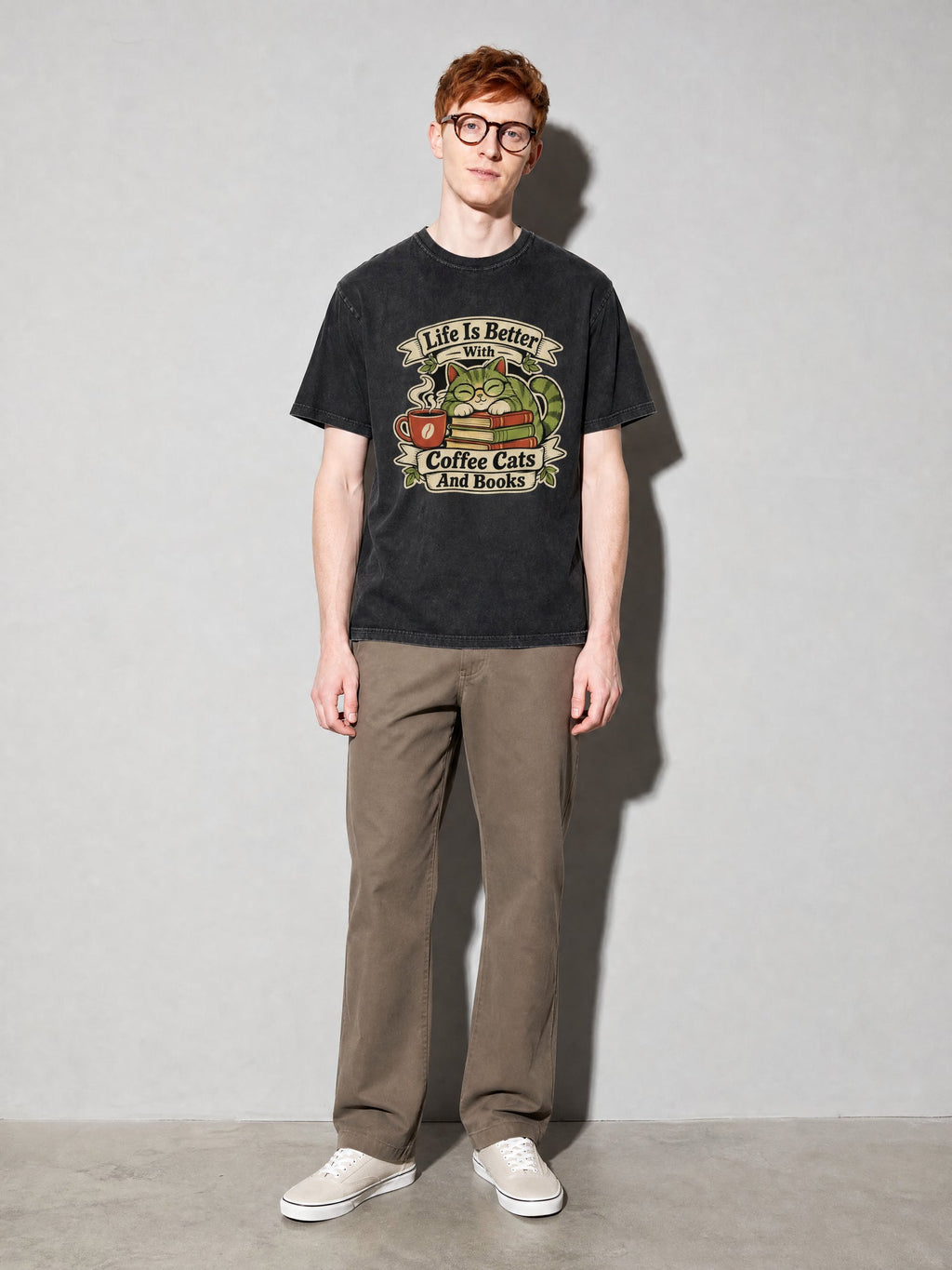 Coffee, Cats and Books Premium Shirt - Black - on-model full length