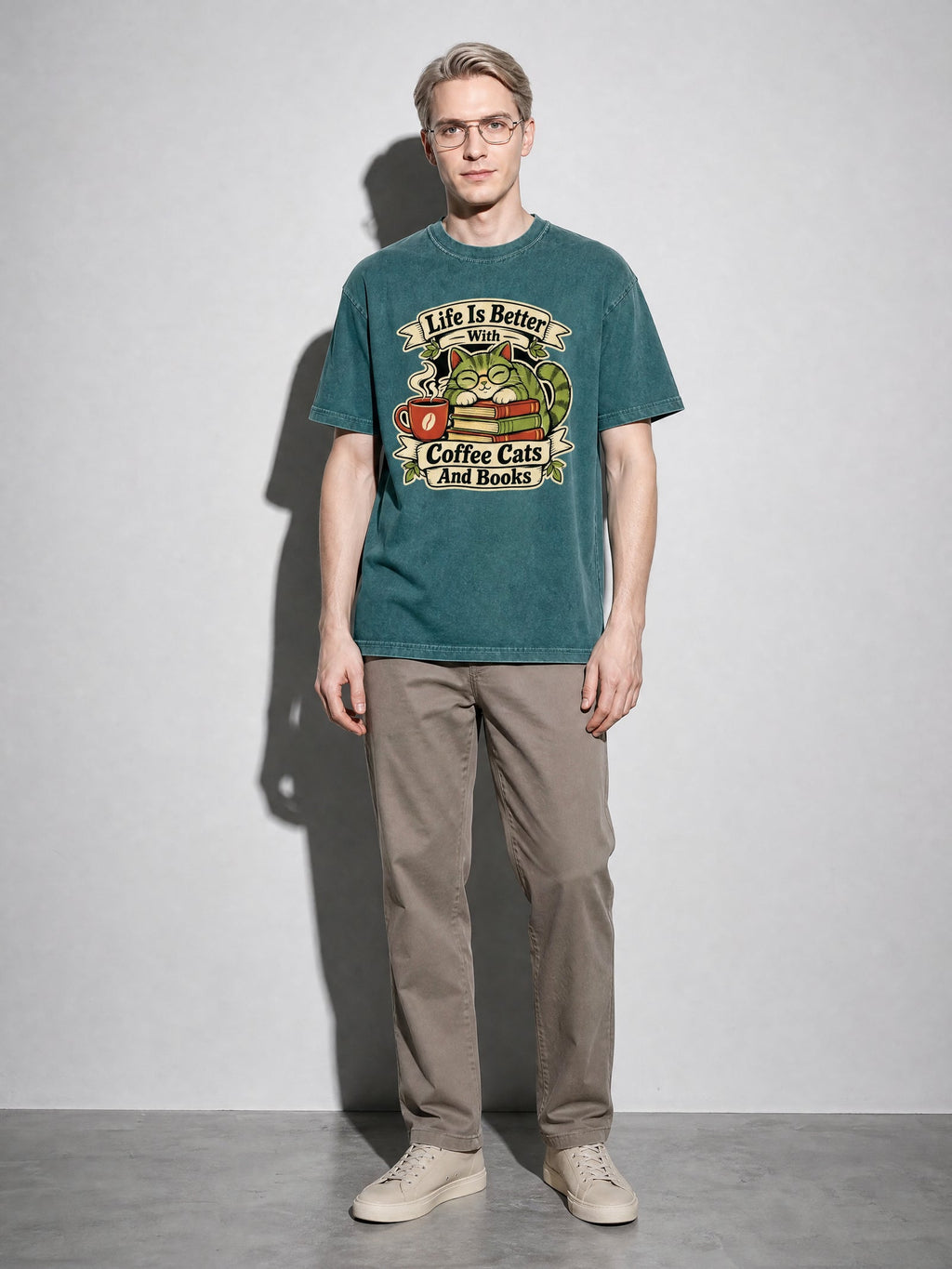 Coffee, Cats and Books Premium Shirt - Blue Spruce - on-model full length