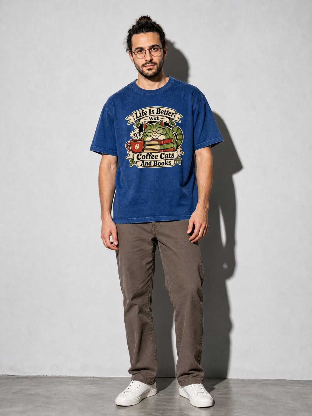 Coffee, Cats and Books Premium Shirt - True Navy - on-model full length