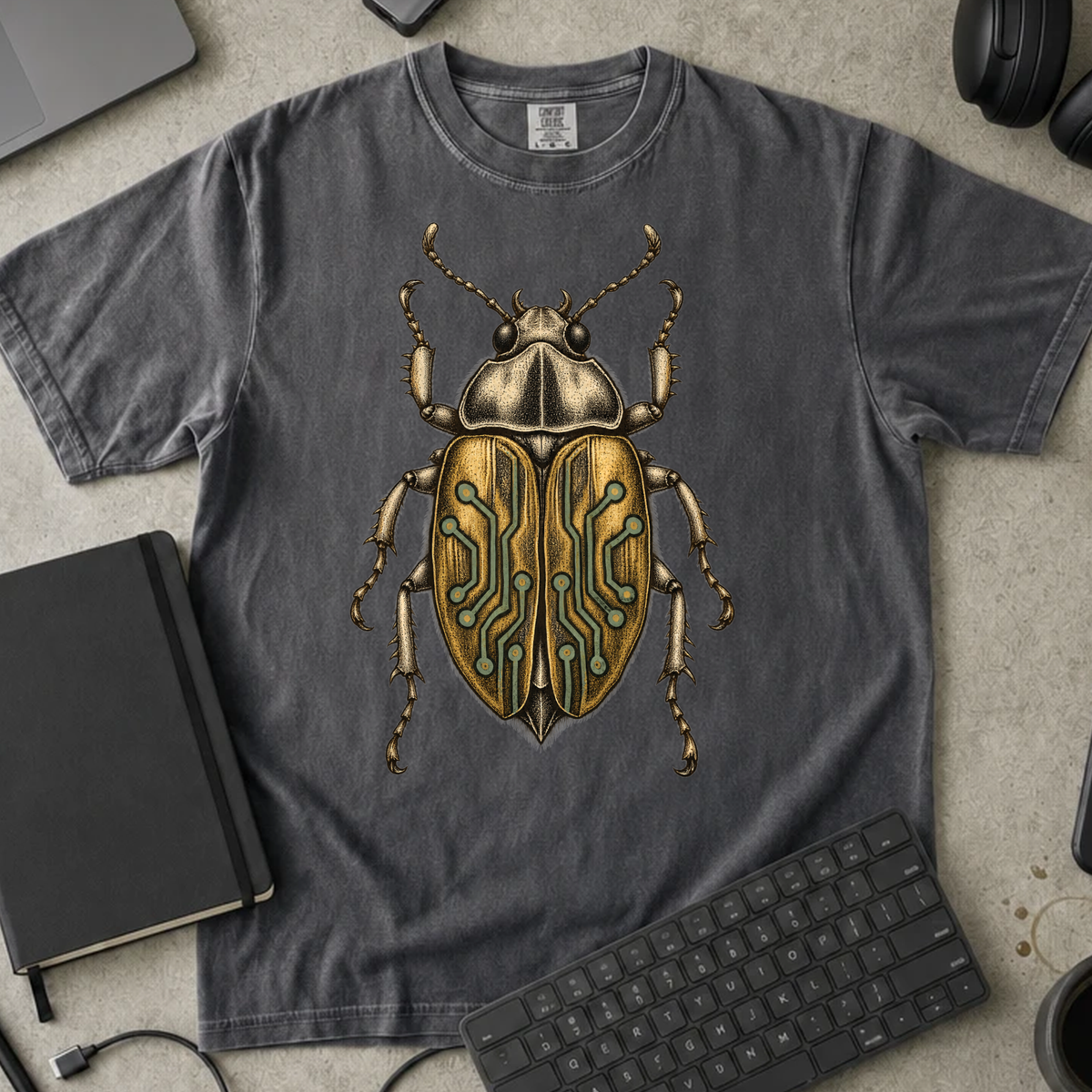 Circuit Bug Shirt — Pepper Comfort Colors 1717 flat lay