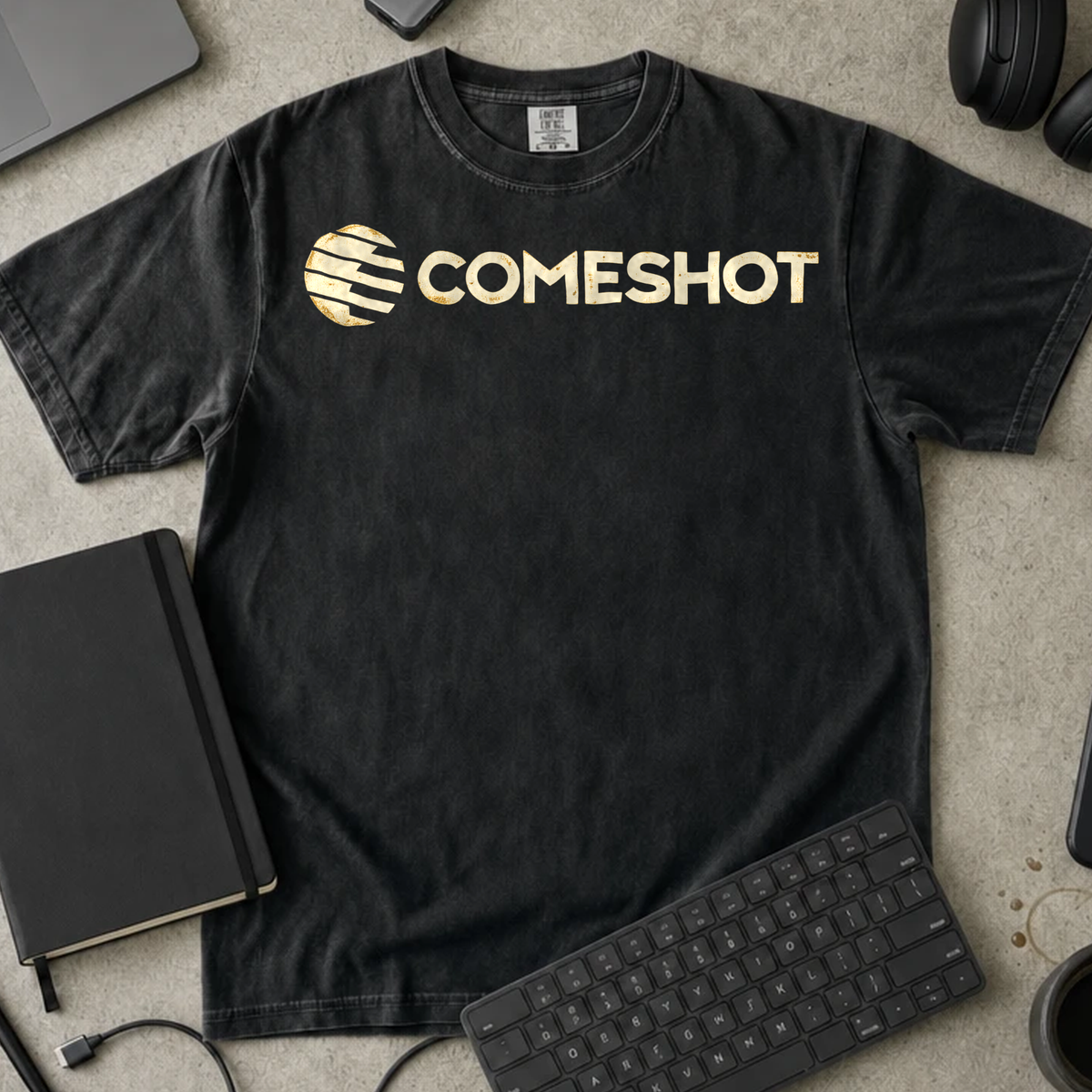 Comeshot Shirt — Black Comfort Colors 1717 flat lay