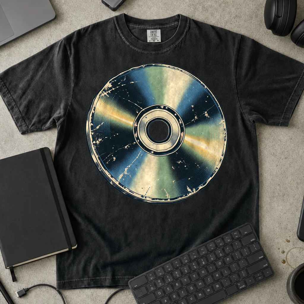 Compact Disc Shirt — Black Comfort Colors 1717 flat lay