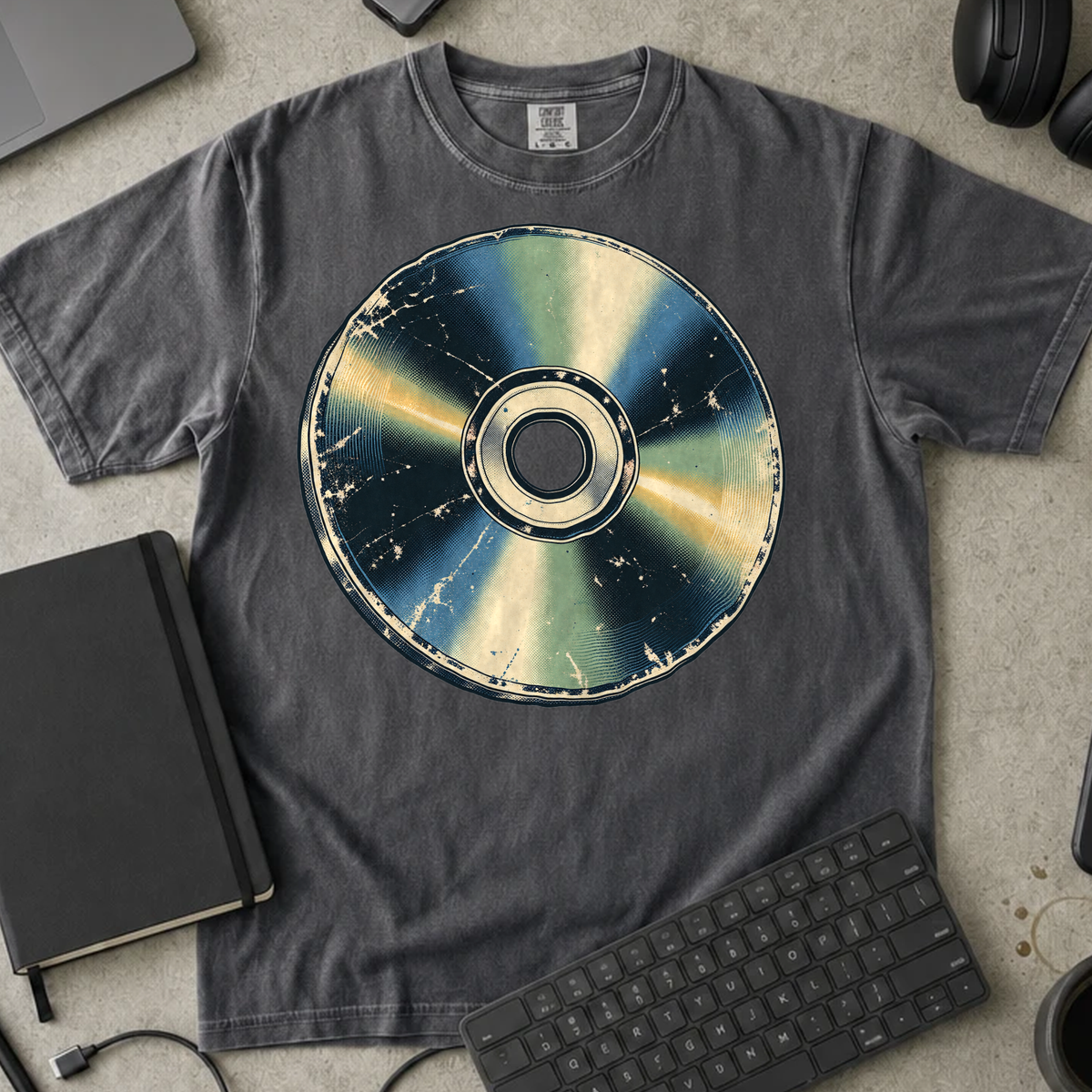 Compact Disc Shirt — Pepper Comfort Colors 1717 flat lay