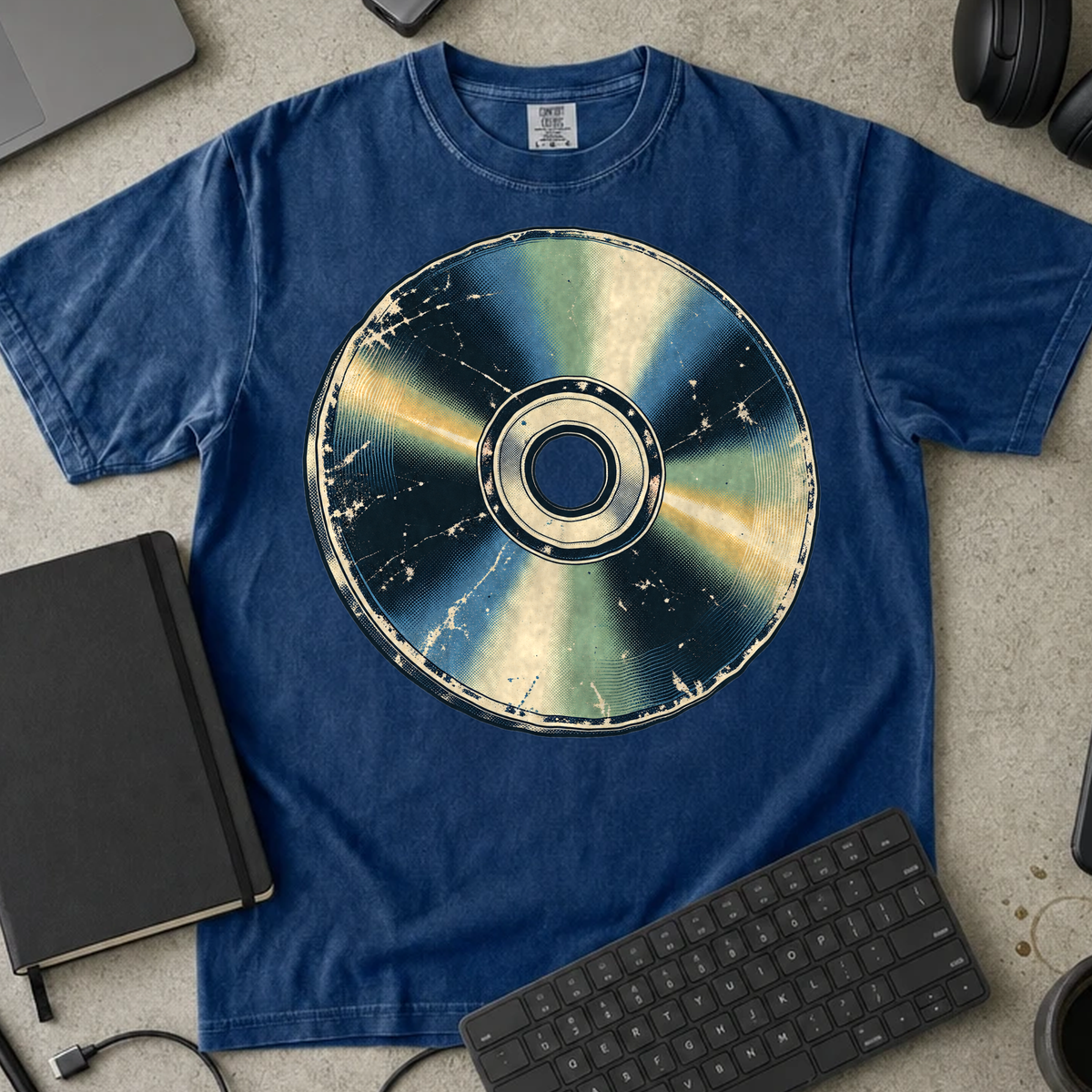 Compact Disc Shirt — True Navy Comfort Colors 1717 flat lay