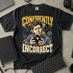 Confidently Incorrect Shirt — Black Comfort Colors 1717 flat lay