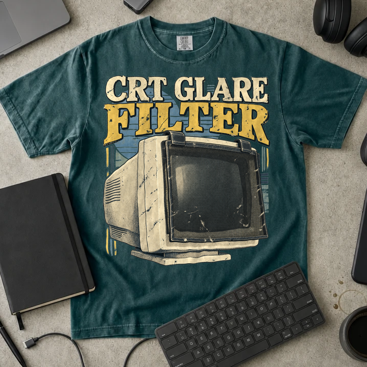 CRT Glare Filter Shirt — Blue Spruce Comfort Colors 1717 flat lay