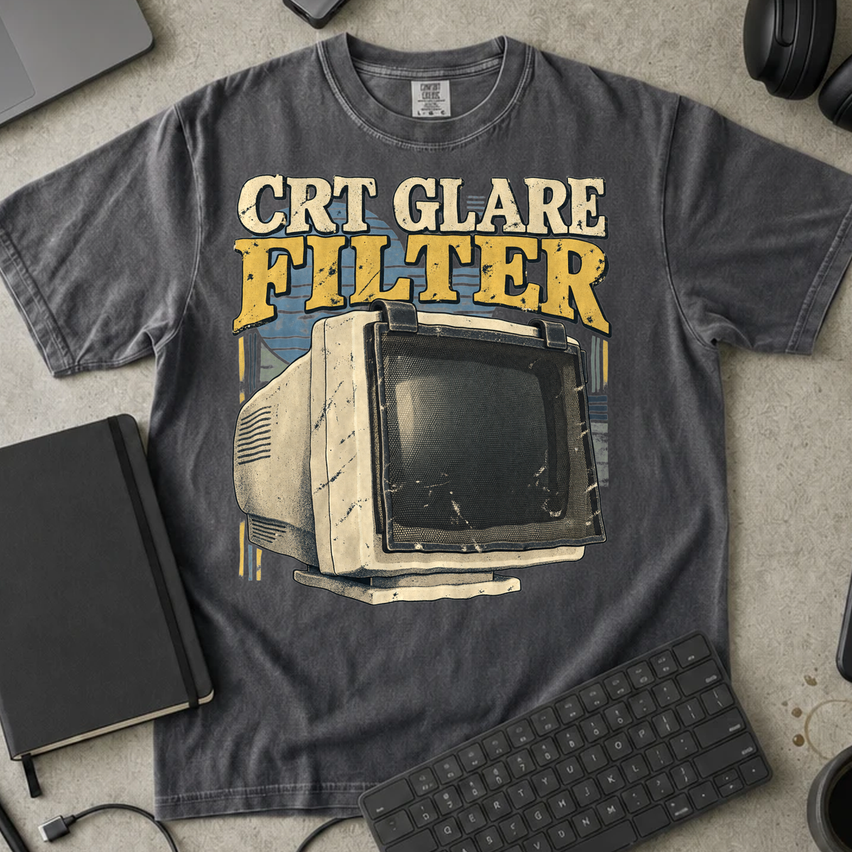 CRT Glare Filter Shirt — Pepper Comfort Colors 1717 flat lay