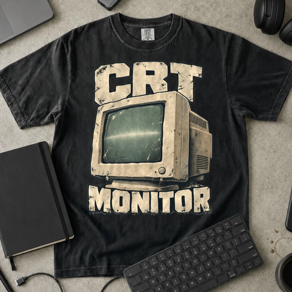 CRT Monitor Shirt — Black Comfort Colors 1717 flat lay