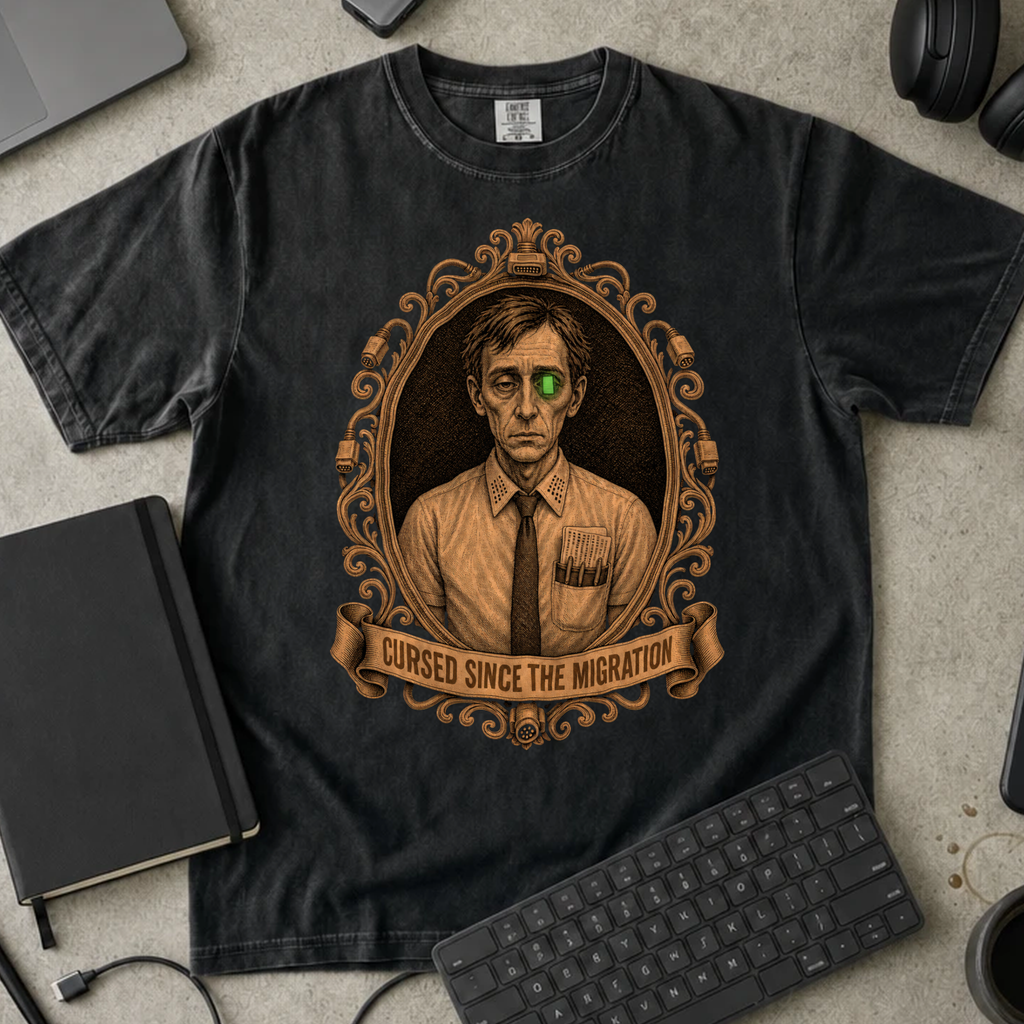 Cursed Since the Migration Shirt — Black Comfort Colors 1717 flat lay