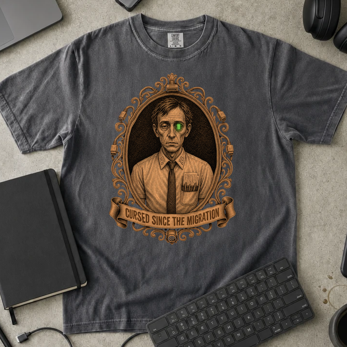 Cursed Since the Migration Shirt — Pepper Comfort Colors 1717 flat lay