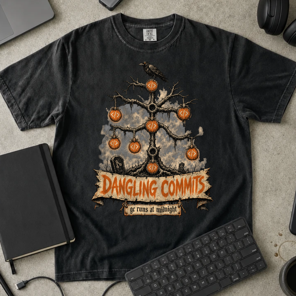 Dangling Commits Shirt — Black Comfort Colors 1717 flat lay