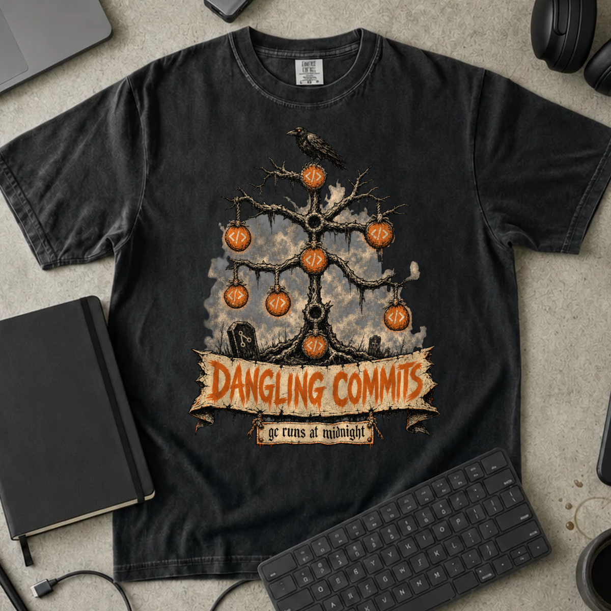 Dangling Commits Shirt — Black Comfort Colors 1717 flat lay