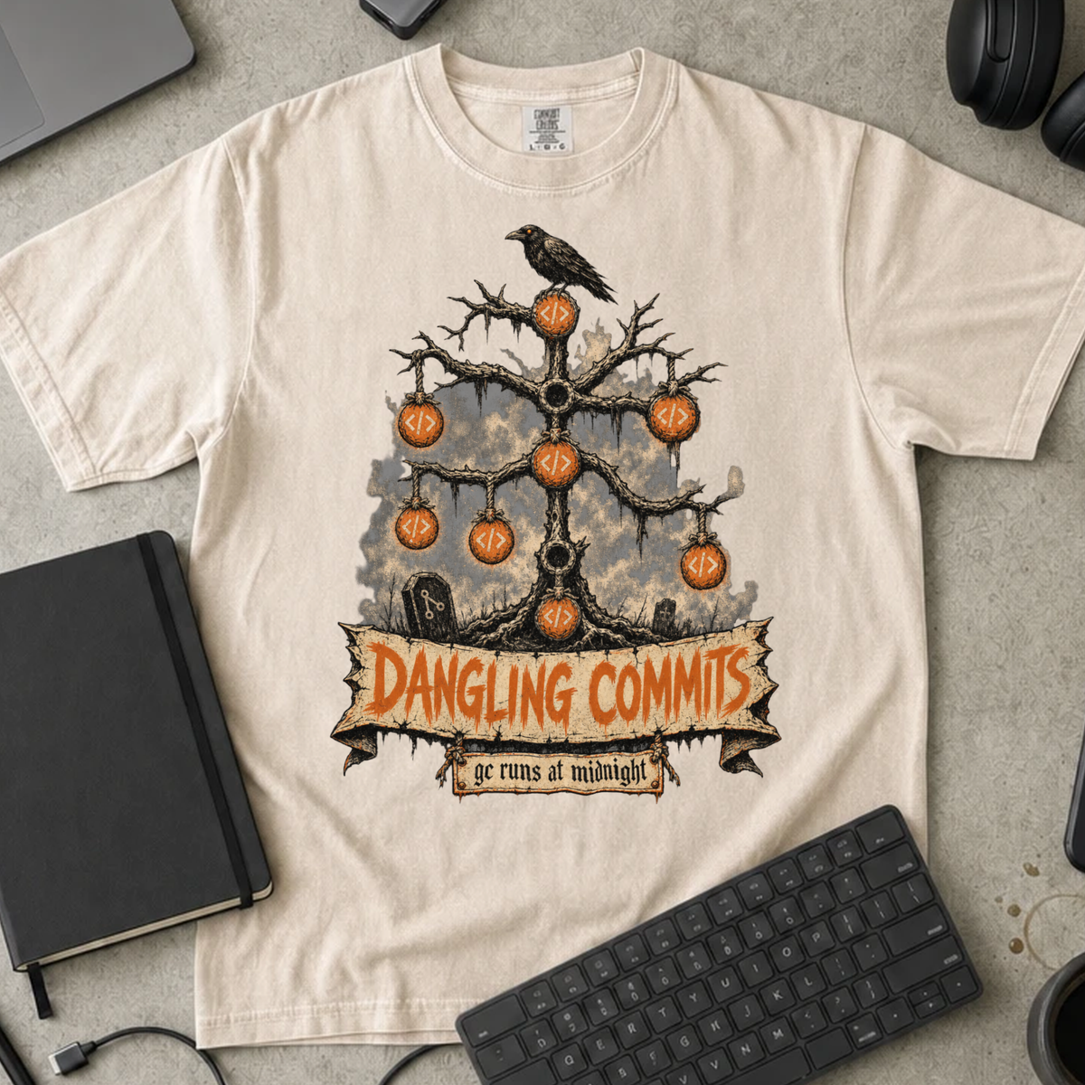 Dangling Commits Shirt — Ivory Comfort Colors 1717 flat lay