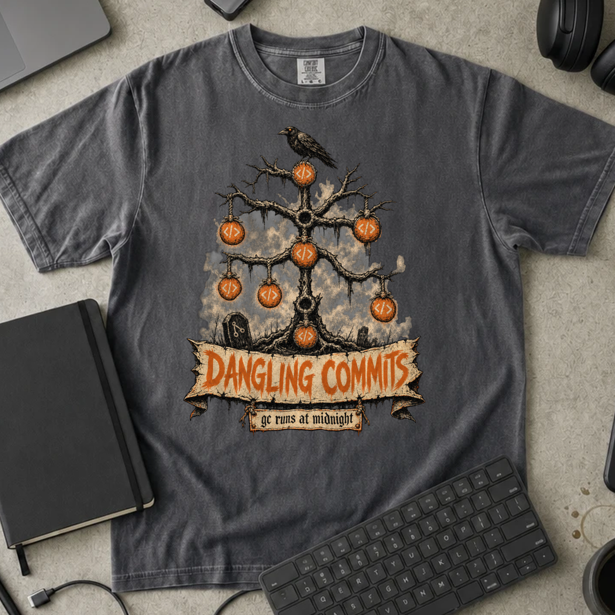 Dangling Commits Shirt — Pepper Comfort Colors 1717 flat lay