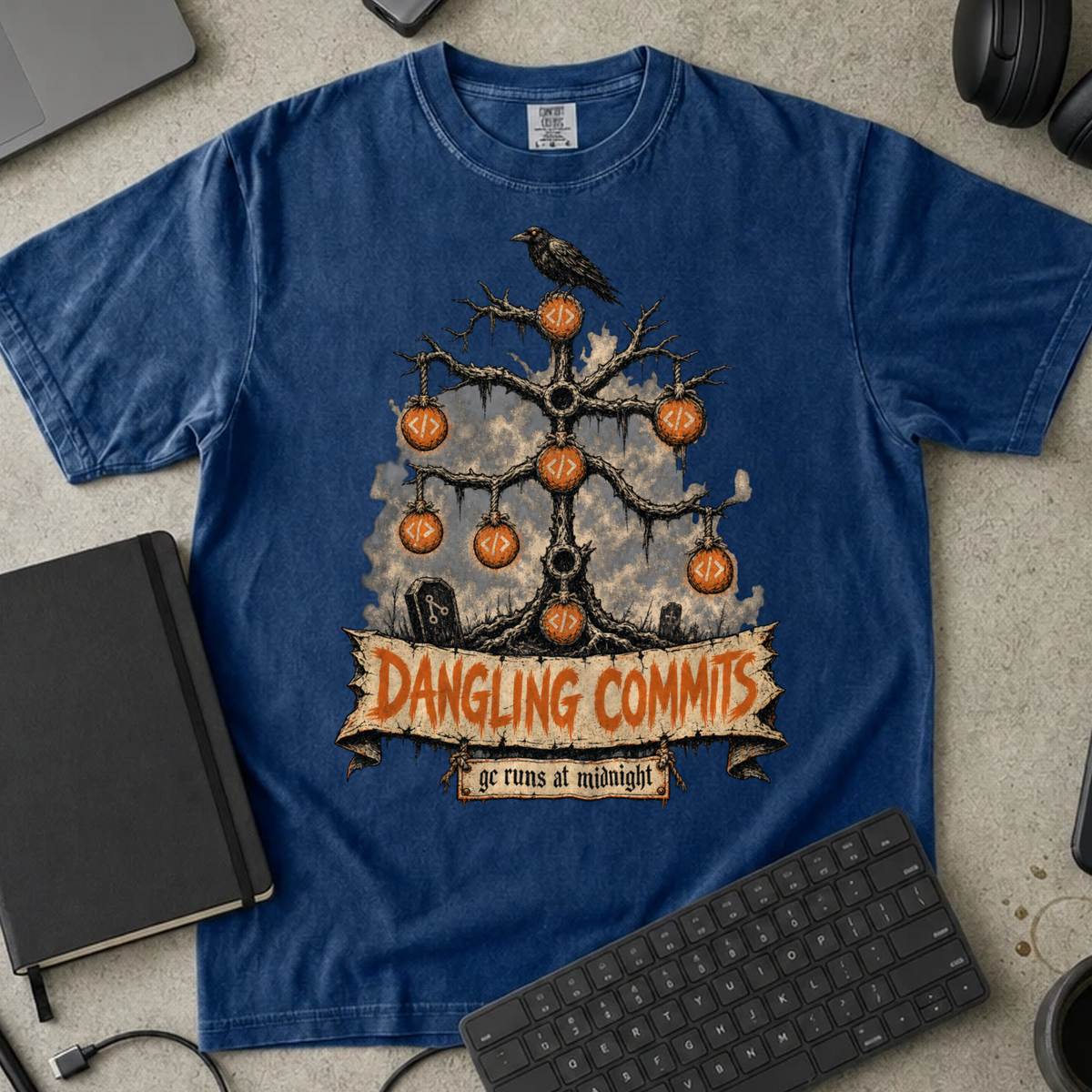 Dangling Commits Shirt — True Navy Comfort Colors 1717 flat lay