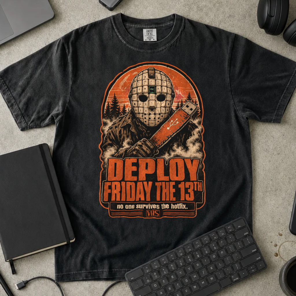 Deploy Friday the 13th Shirt — Black Comfort Colors 1717 flat lay