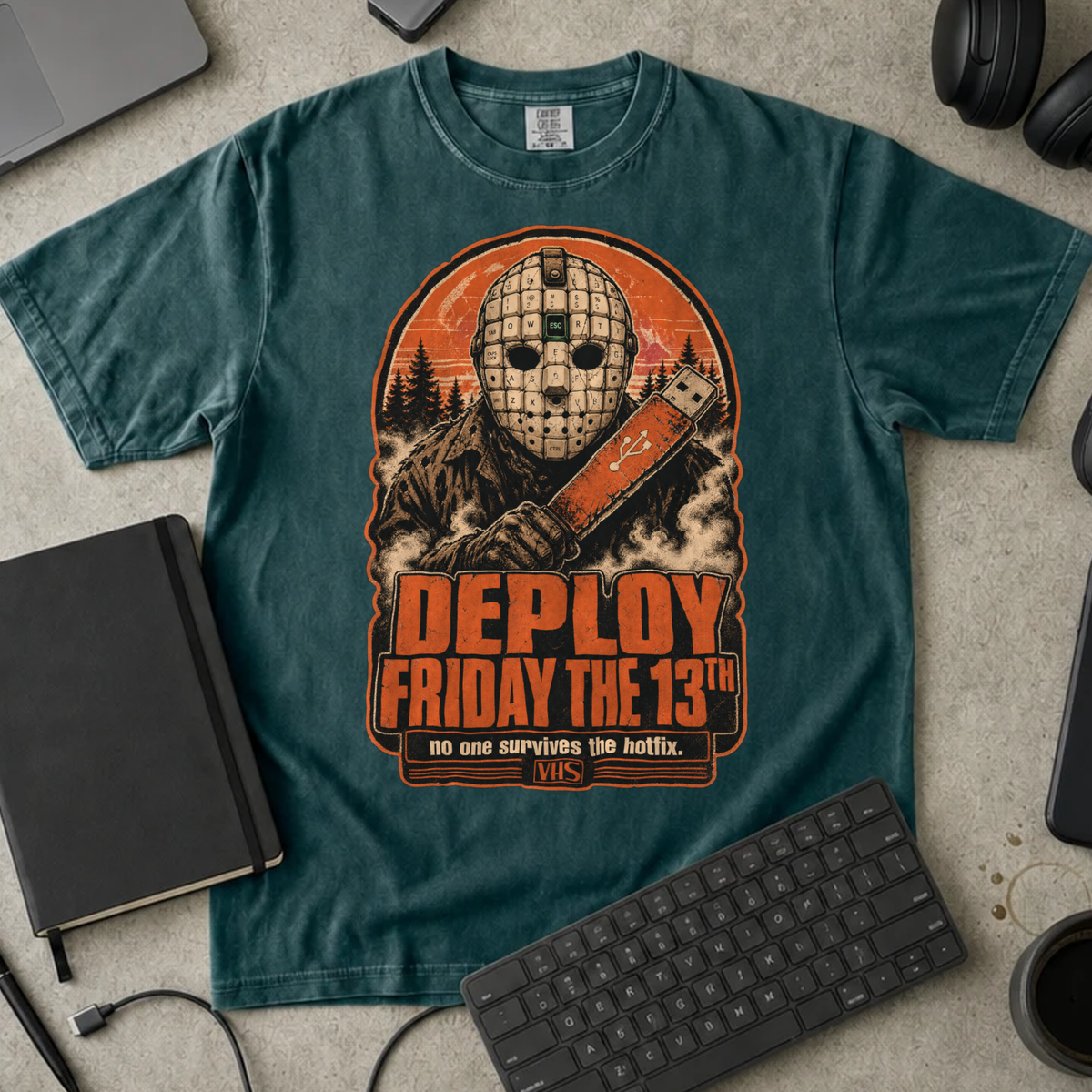 Deploy Friday the 13th Shirt — Blue Spruce Comfort Colors 1717 flat lay