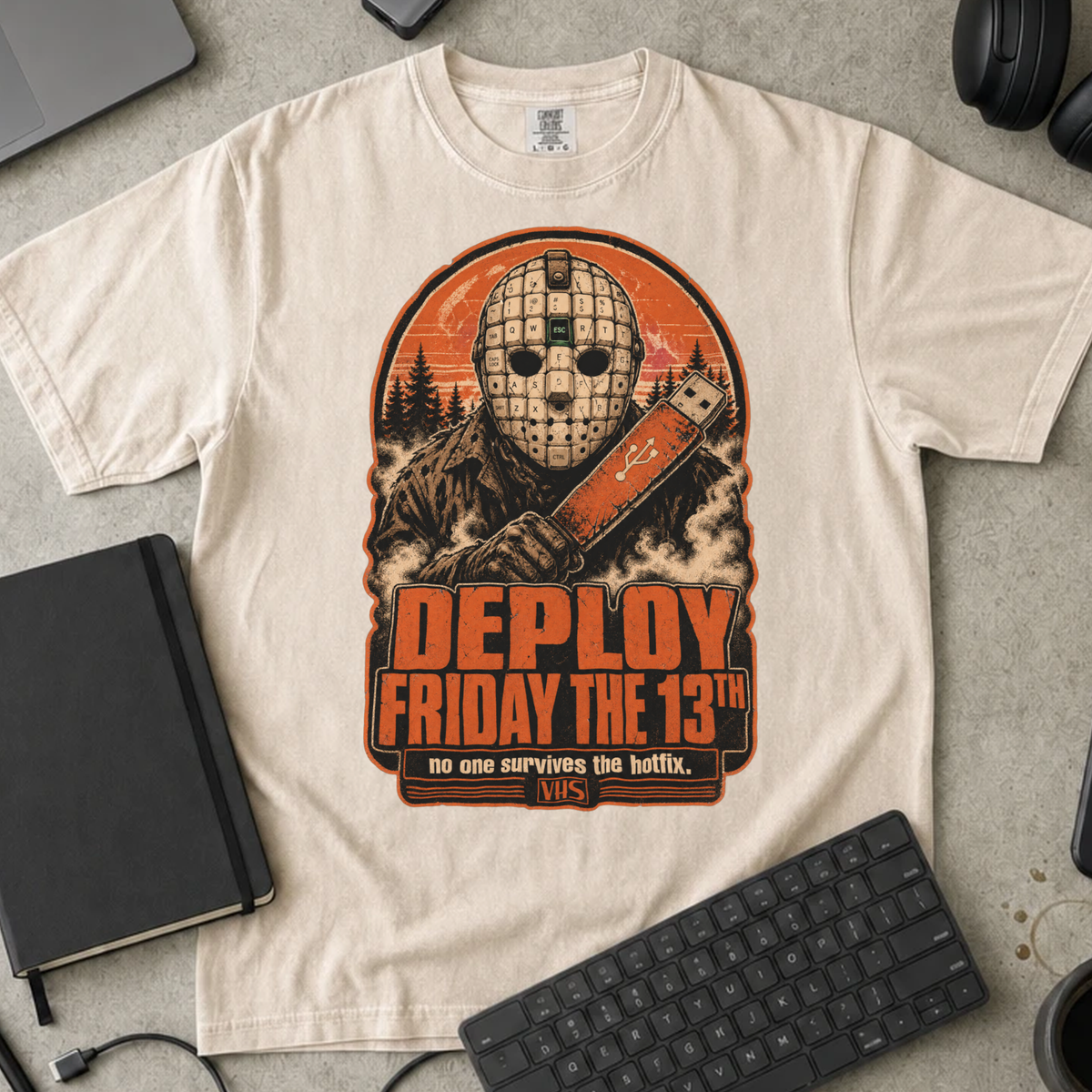 Deploy Friday the 13th Shirt — Ivory Comfort Colors 1717 flat lay