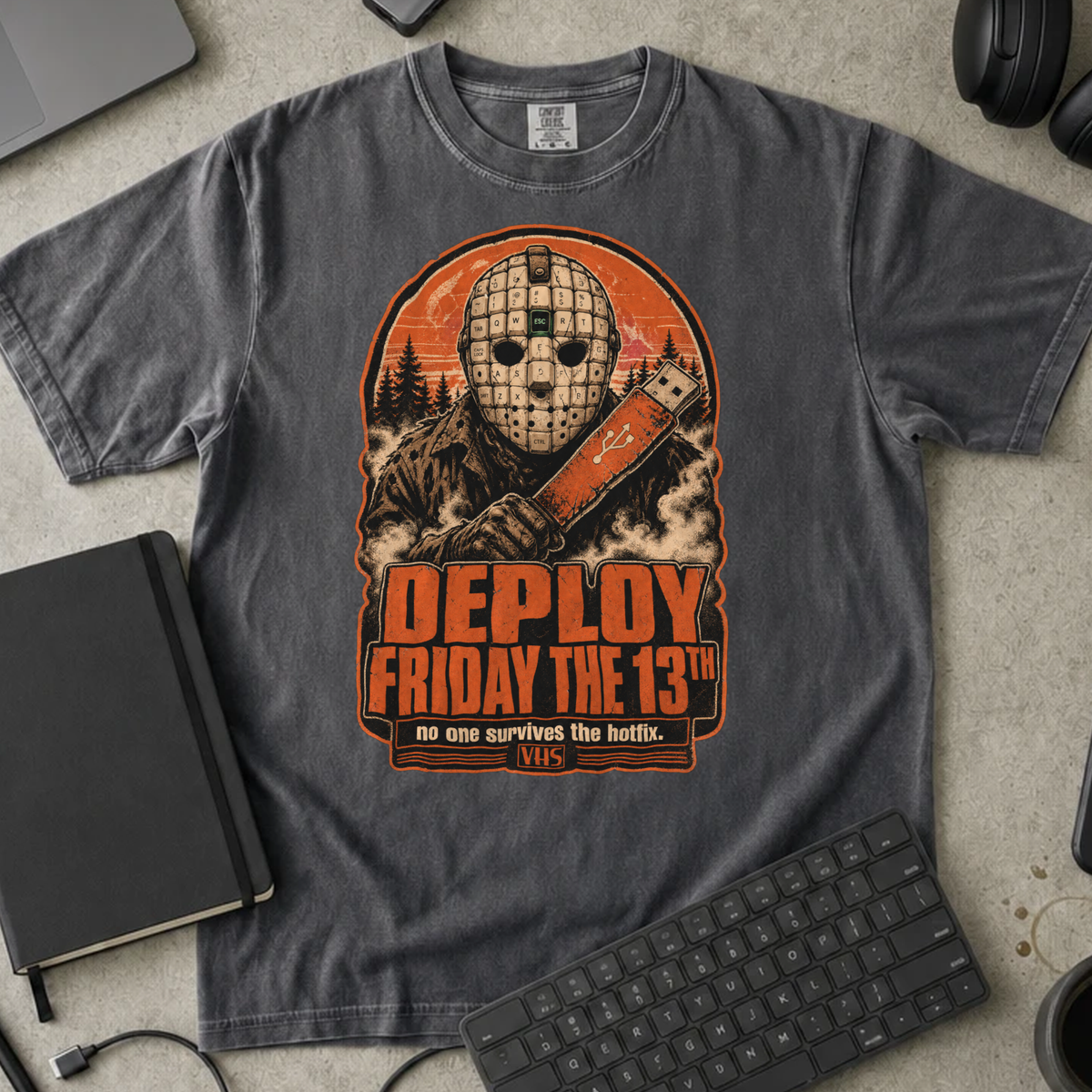 Deploy Friday the 13th Shirt — Pepper Comfort Colors 1717 flat lay