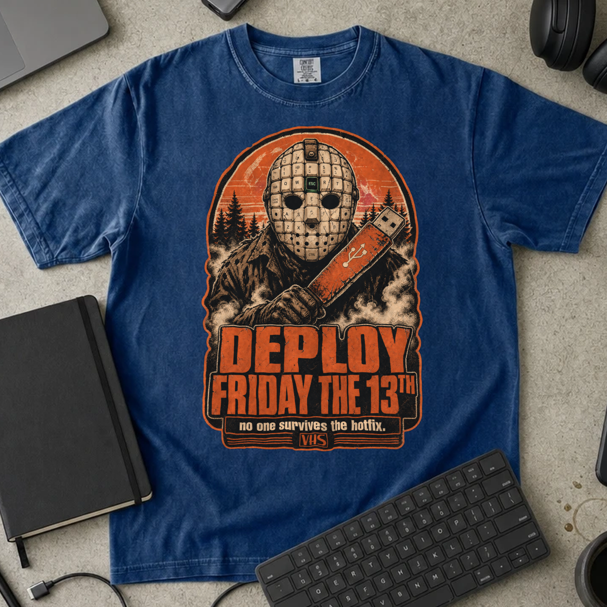 Deploy Friday the 13th Shirt — True Navy Comfort Colors 1717 flat lay