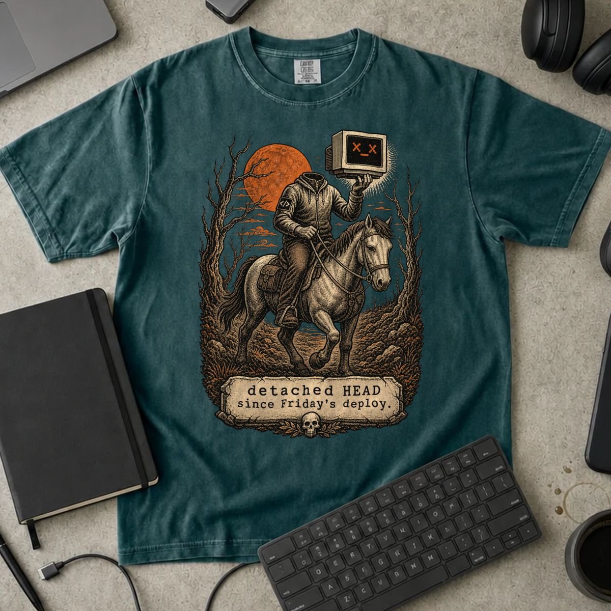 Detached HEAD Since Friday's Deploy Shirt — Blue Spruce Comfort Colors 1717 flat lay