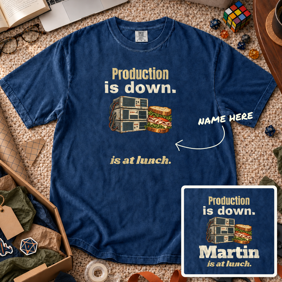 Production Is Down Custom Shirt — personalized True Navy Comfort Colors 1717