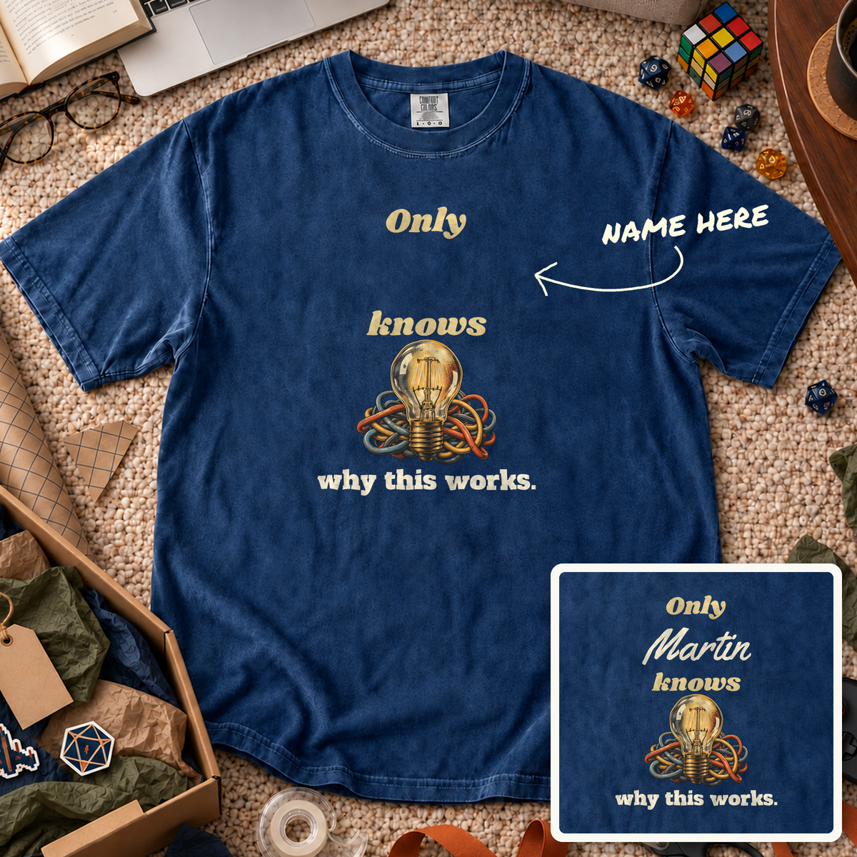 Knows Why This Works Custom Shirt — personalized True Navy Comfort Colors 1717