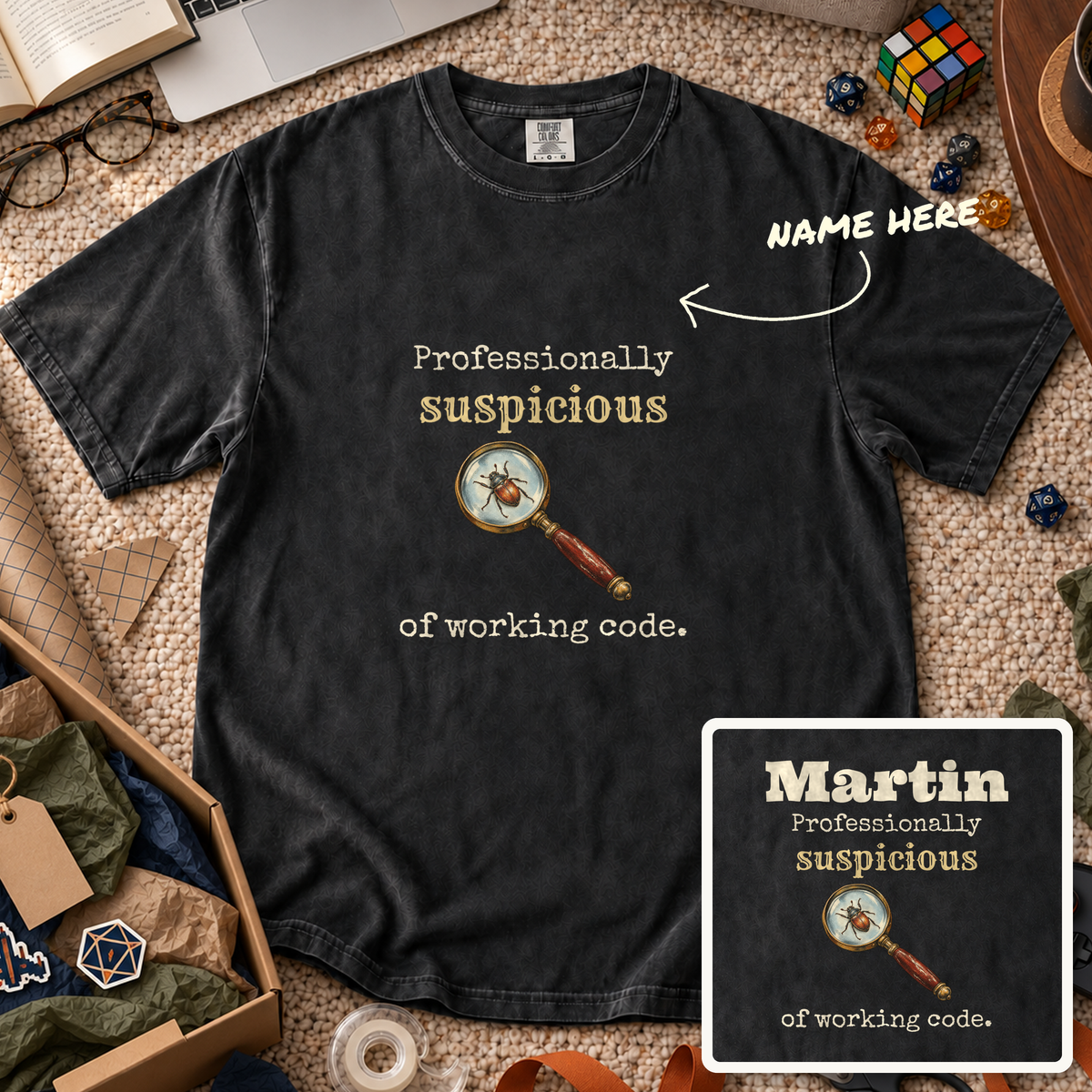 Suspicious of Working Code Custom Shirt — personalized Black Comfort Colors 1717