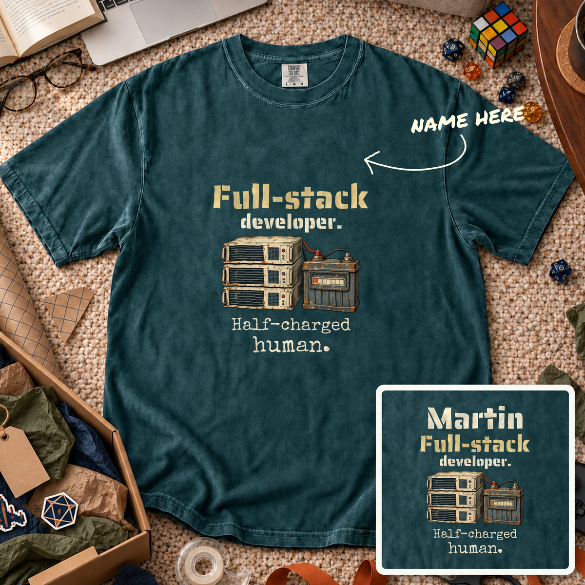 Half-Charged Human Custom Shirt — personalized Blue Spruce Comfort Colors 1717